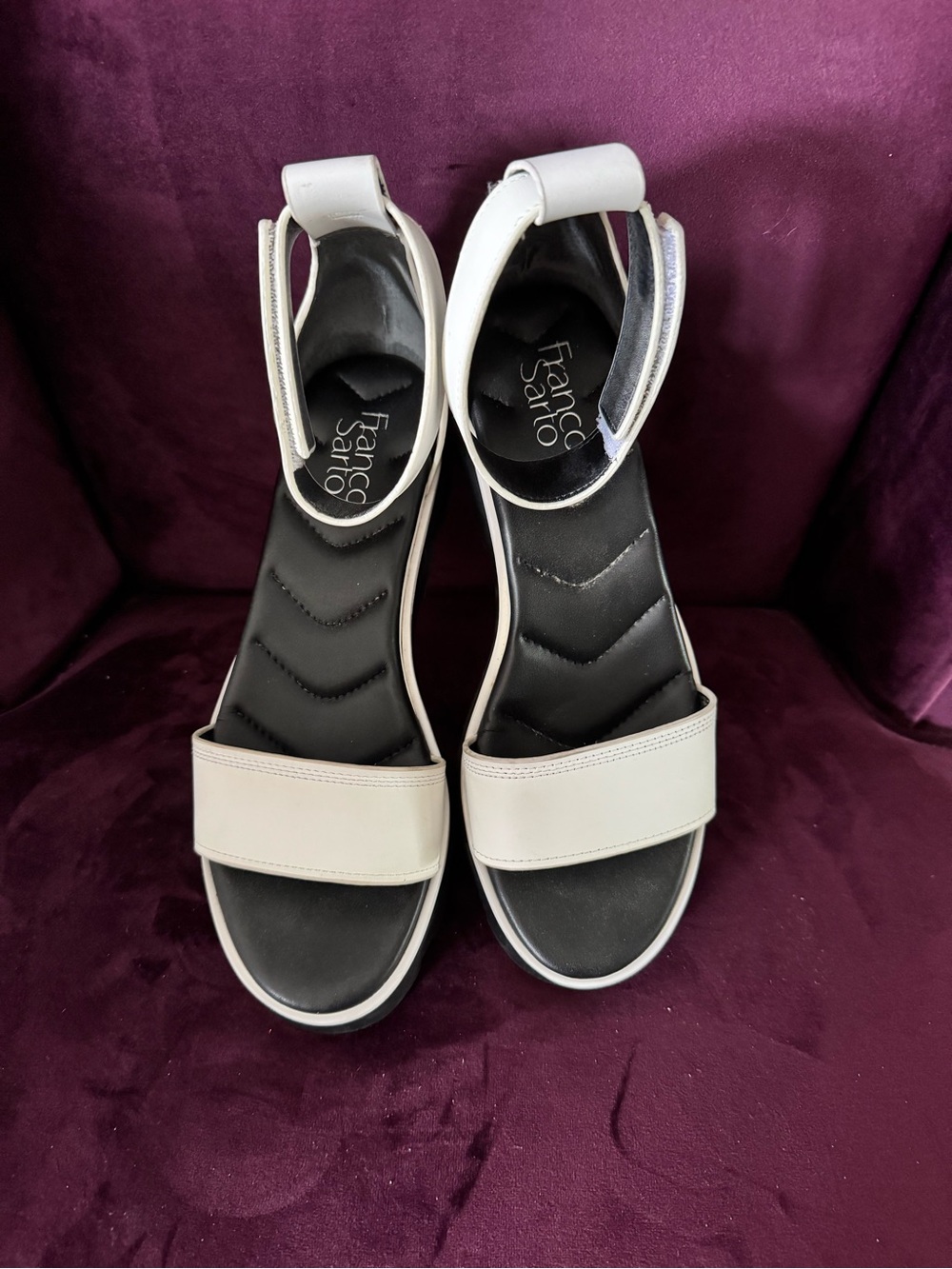 Franco Sarto White and Black Adjustable Ankle Strap Sandals